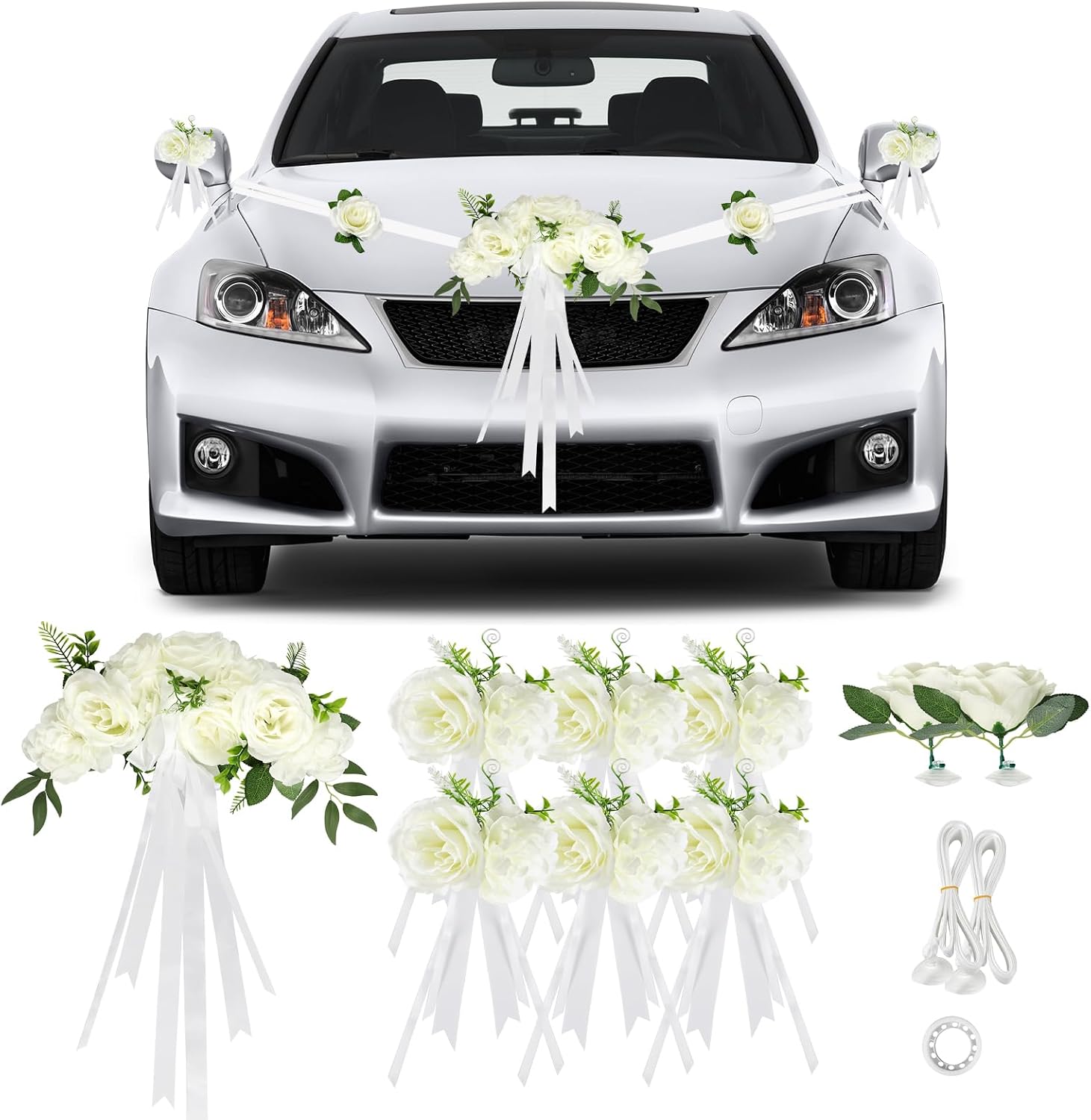 Autoschmuck Hochzeit Motorhaube Weiß 9 Rosen Saugnäpfen Bänder Set