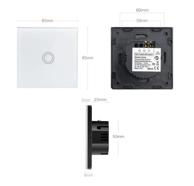 Maclean Touch-Lichtschalter, einzeln, Glas, White mit runder Taste, Abmessungen 86x86 mm, mit Tastenbeleuchtung Energy MCE702W