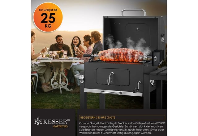Edelstahl Grillspieß Set 107cm passend für Weber Spirit Gasgrill mit 4X Fleischnadeln bbq Fleischklammer Griffstück und Motor Rotisserie Schwarz