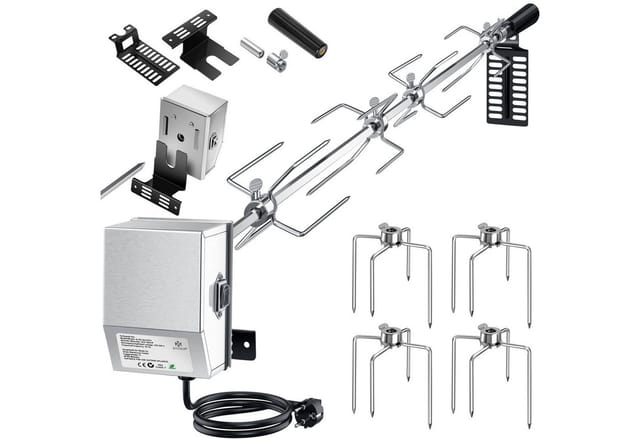 KESSER® Edelstahl Grillspieß Set 107cm passend für Weber Spirit Gasgrill mit 4X Fleischnadeln BBQ Fleischklammer Griffstück und Motor Rotisserie