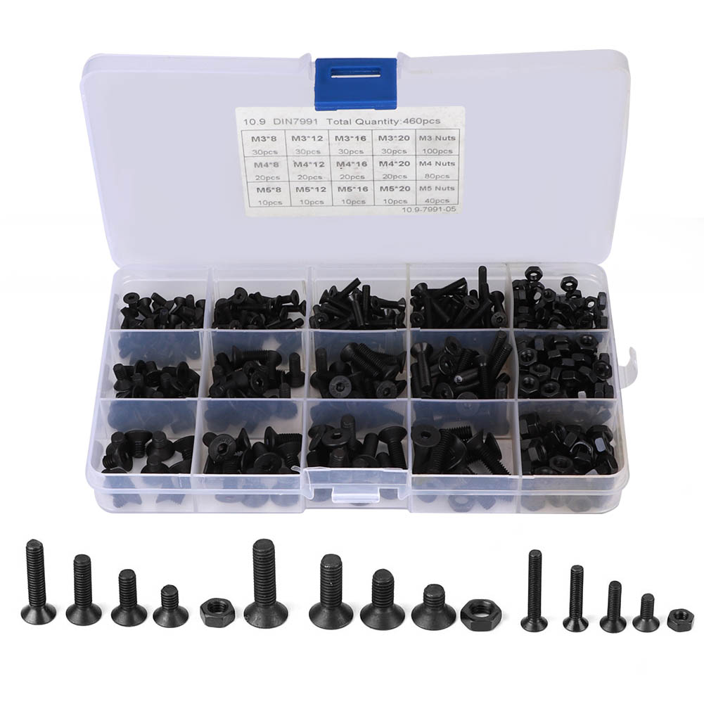 460-teiliges Sechskantschrauben-set, Schwarz, Flachkopfmutter, Kohlenstoffstahl, Kombinationsbox, M3, M4, M5