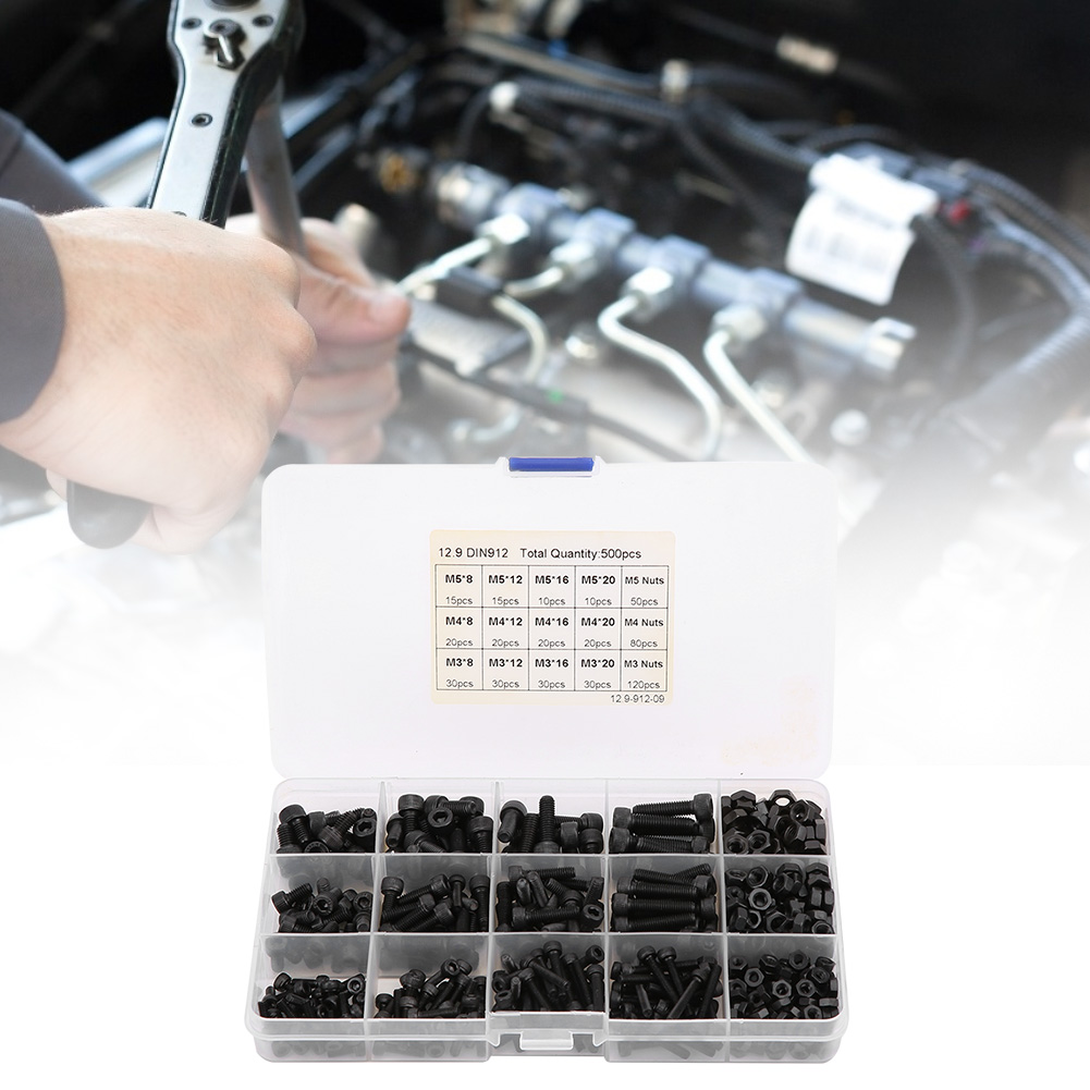 500-teiliges Set Innensechskantschrauben, Schwarz, Mit Senkkopfmuttern, Rostfrei, In Box, M3, M4, M5