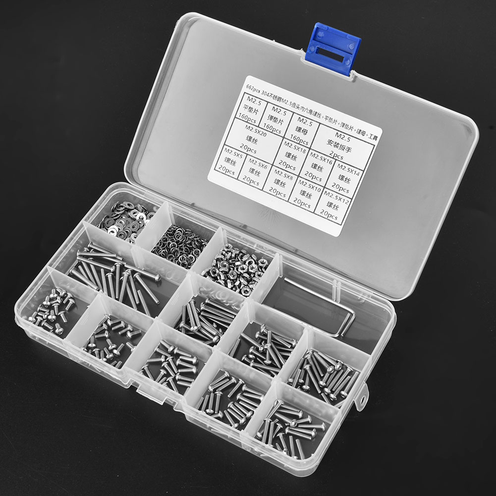 662-teiliges Set Aus Sus304 M2,5 Innensechskantschrauben Mit Linsenkopf, Muttern, Unterlegscheiben, Federn, Dichtungen Und Schraubenschlüsseln