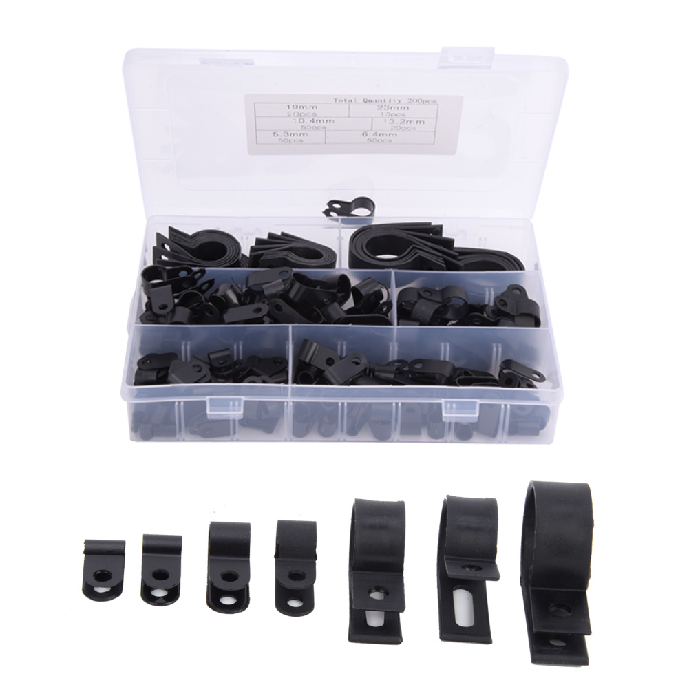 200 Stück Kabelklemmen Aus Kunststoff Und Nylon, Typ R, Typ P, Drahtclip-befestigungselemente, Sortierbox (schwarz)