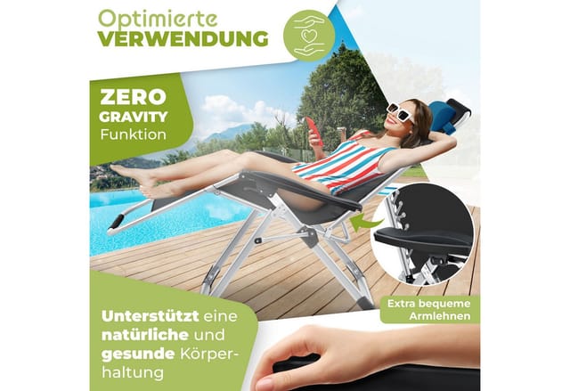 KESSER® Sonnenliege Liegestuhl Klappbar Mit Getränkehalter Gartenstuhl Mit Auflage Polster, Liegestuhl, Extra groß Gartenliege, Verstellbar Rückenlehne Garten Liege mit Kissen-Unterstützung