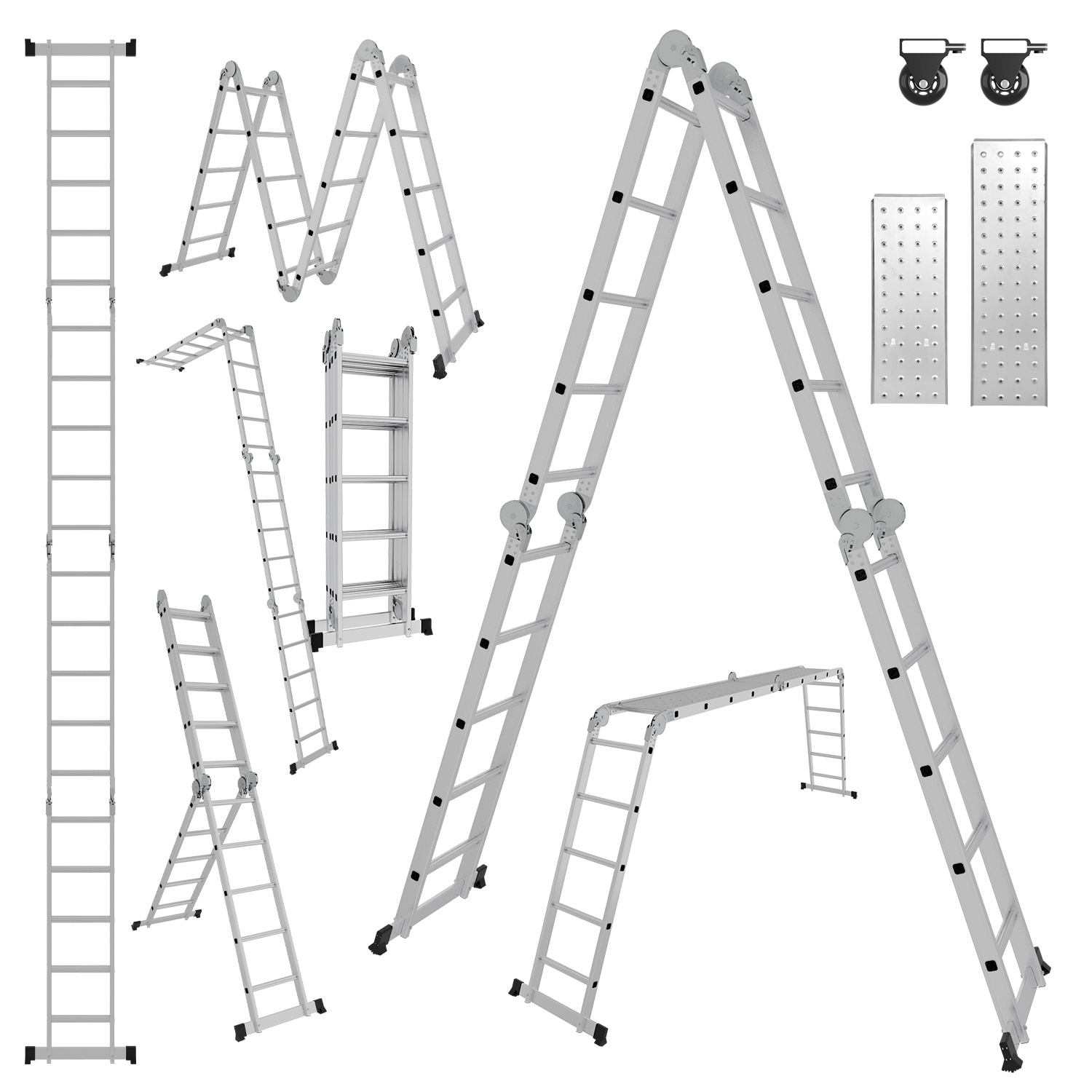 Jiubiaz Aluminium Mehrzweckleiter 7in1 4x5 Stufen, Ca. 580cm / 5.8m, Klappleiter Gelenkleiter Mit Plattformen, Rollen & Anti-rutsch, Max. Belastbarkeit 150 Kg