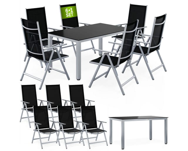CASARIA® Gartenmöbel Set 6 Stühle mit Tisch 150x90cm Aluminium Sicherheitsglas Wetterfest Klappbar Modern Terrasse Balkon Möbel Sitzgruppe Garnitur