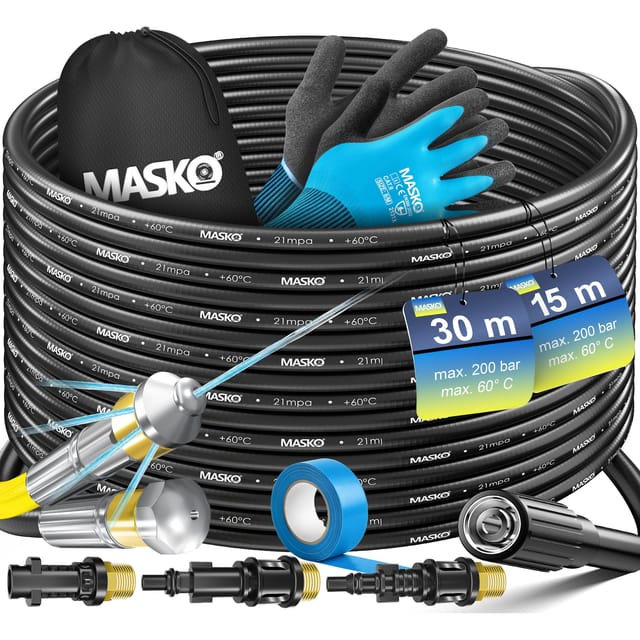 Premium Rohrreinigungsschlauch Set Abflussreiniger 200 bar inkl. Tasche 3 Adapter 2 Düsen + rotierend kompatibel mit Kärcher 30m / Schwarz - Premium
