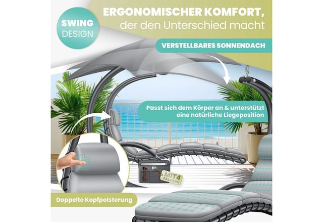 Schwebeliege Mit Sonnenschirm Hängeliege Sonnenliege H200 L194 B100 Cm Relaxliege Schaukelliege Hängematte Bis 120 Kg Belastbar Grau - Kesser