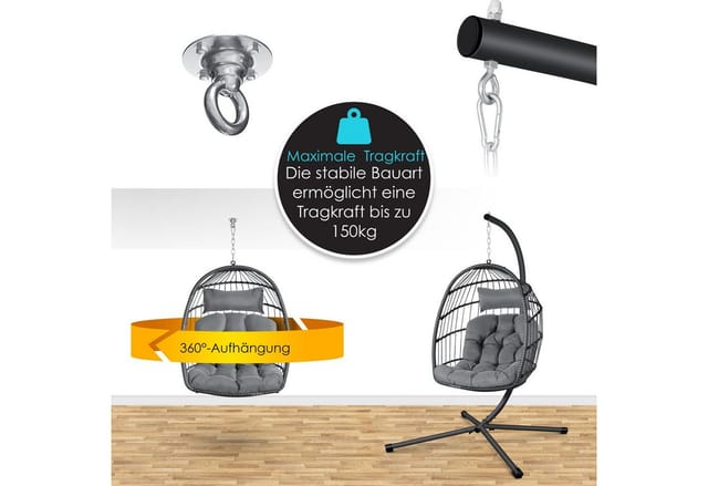 Hängesessel Jungle mit Gestell Stahl Hängekorb Sessel Inkl. Großen Kissen + Decken Halterung - Hängeschaukel Hängesitz Indoor - Outdoor Schaukel Grau