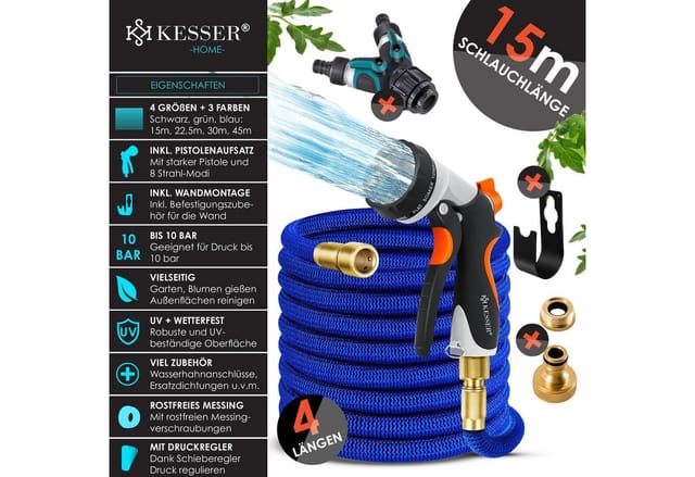 KESSER® Premium Gartenschlauch Flexibler Wasserschlauch dehnbarer Flexischlauch Blau / 15 Meter