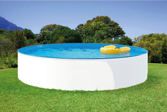 Stahlwandpool Set (6-teilig) hoch rund 300 x 90 cm, Stahl 0,3 mm weiß Folie 0,2 mm blau
