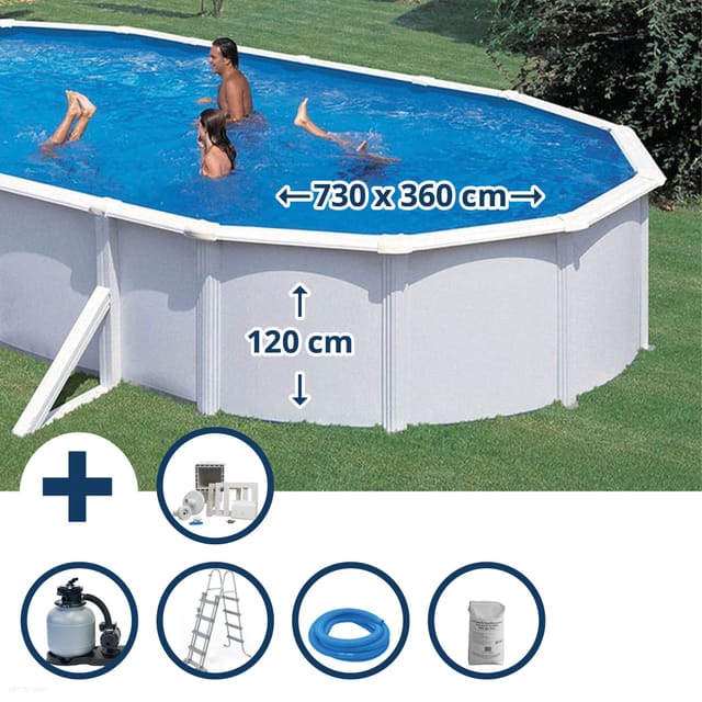 GRE - Stahlwandpool Set (6-teilig) hoch oval Classic 730x360x120 cm, Stahl 0,45mm weiß Folie 0,3mm blau