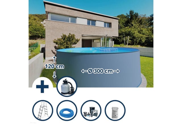 Stahlwandpool Set (7-teilig) hoch rund 300 x 120 cm, Stahl 0,4 mm anthrazit Folie 0,4 mm blau