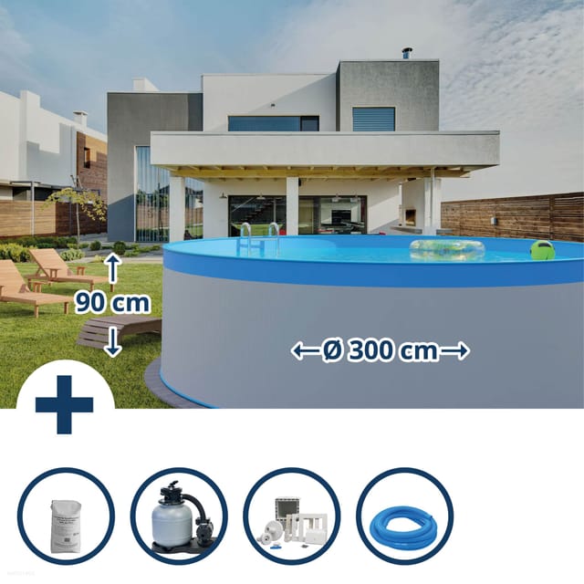 Stahlwandpool Set (6-teilig) rund 300 x 90 cm, Stahl 0,3 mm weiß Folie 0,2 mm blau