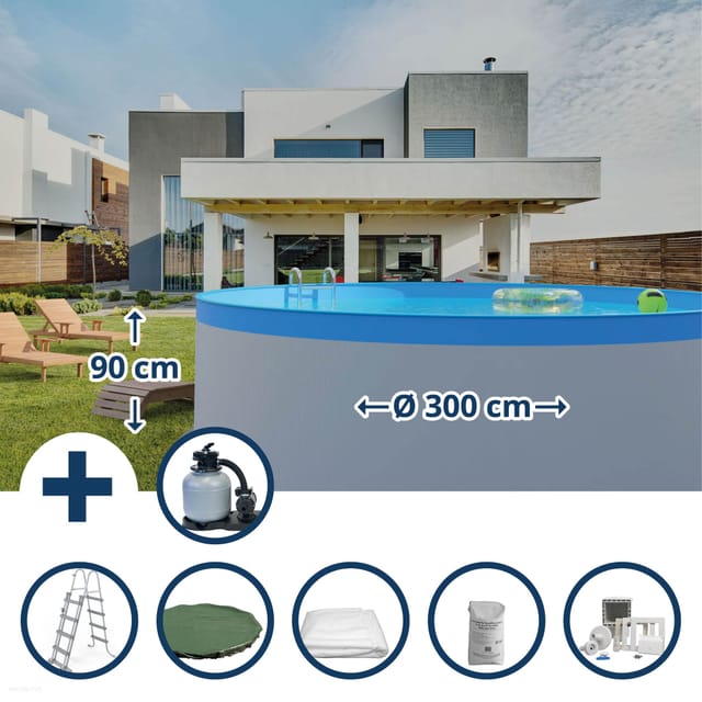 Stahlwandpool Set (7-teilig) hoch rund 300 x 90 cm, Stahl 0,3 mm weiß Folie 0,2 mm blau