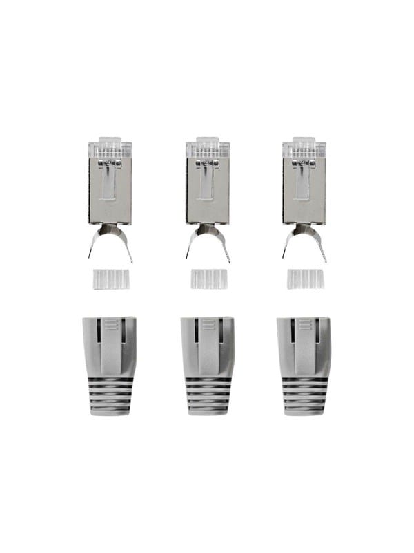 Rj45 stecker rj45 pass through massiv litzen ftp cat7 gerade vergoldet 10 stk pvc grau schwarz wei schachtel