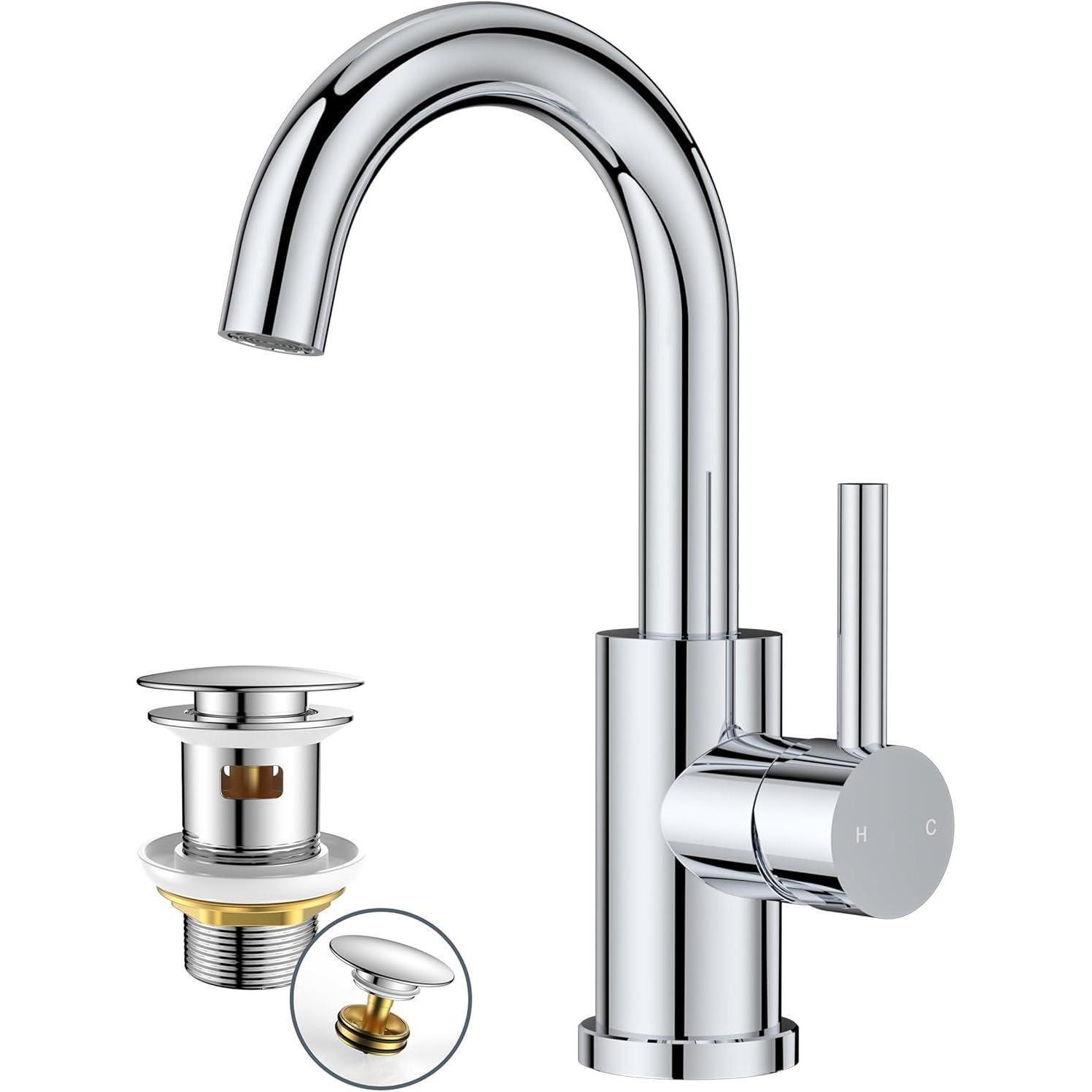 Waschtischarmatur Hoch Mit Ablaufgarnitur, 360° Drehbar, Polierter Chrom