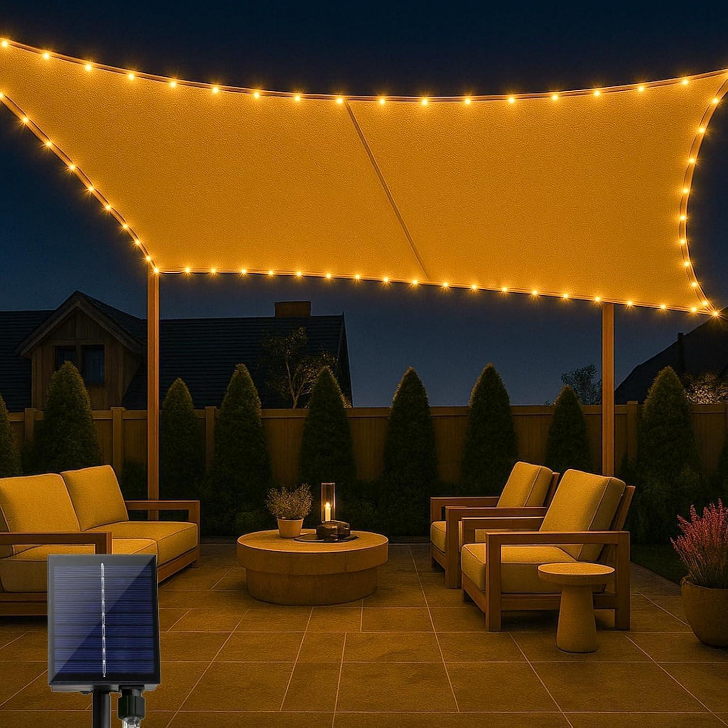 Sonnensegel 3x4m Beige Mit Led-solar-lichterkette, Uv-schutz 98%