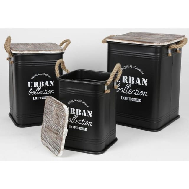 Buri - 3er Set Sitztonnen Metall Hocker Deckel Dekoration Box Aufbewahrung Gäste Garten