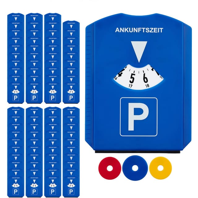 80 x Parkscheibe im Set, Eiskratzer, 3 Einkaufswagenchips, Gummilippe, Parkuhr Auto, StVO, Kunststoff, Parkkarte, blau