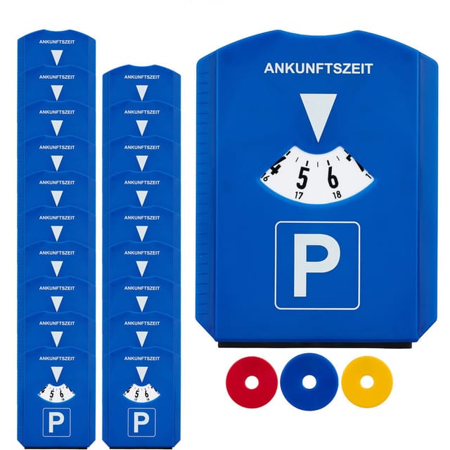 20 x Parkscheibe im Set, Eiskratzer, 3 Einkaufswagenchips, Gummilippe, Parkuhr Auto, StVO, Kunststoff, Parkkarte, blau