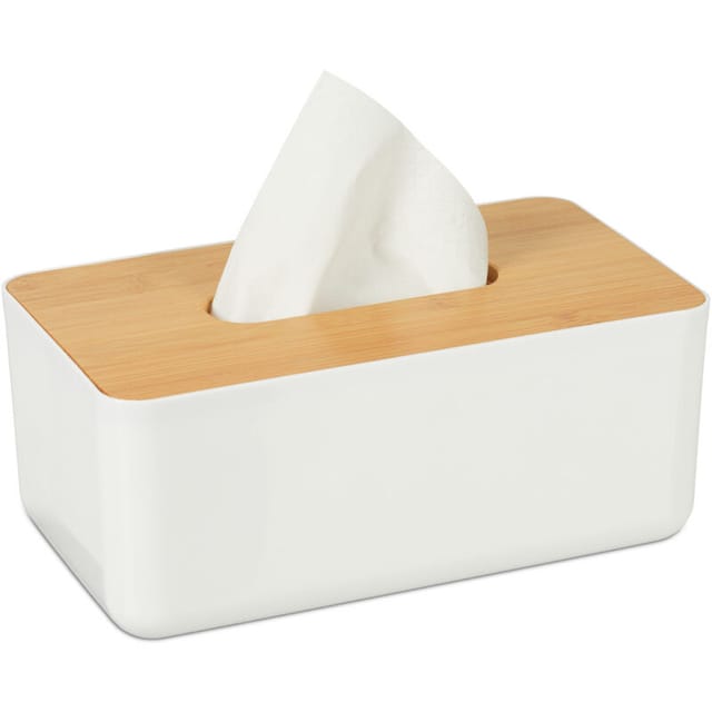 Relaxdays - 2 x Tücherbox mit Deckel aus Bambus, fürs Bad, modernes Design, Kunststoff, Taschentuchbox, hbt 10x23x13 cm, weiß/natur