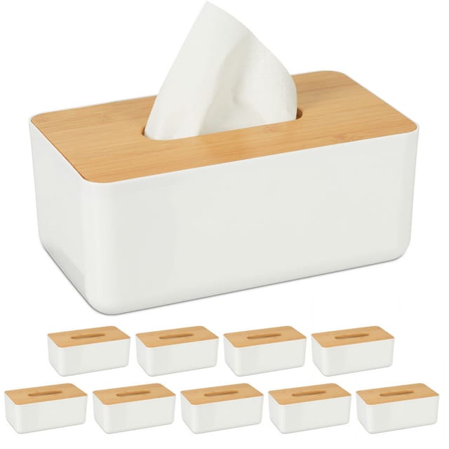 10 x Tücherbox mit Deckel aus Bambus, fürs Bad, modernes Design, Kunststoff, Taschentuchbox, HBT 10x23x13 cm, weiß/natur