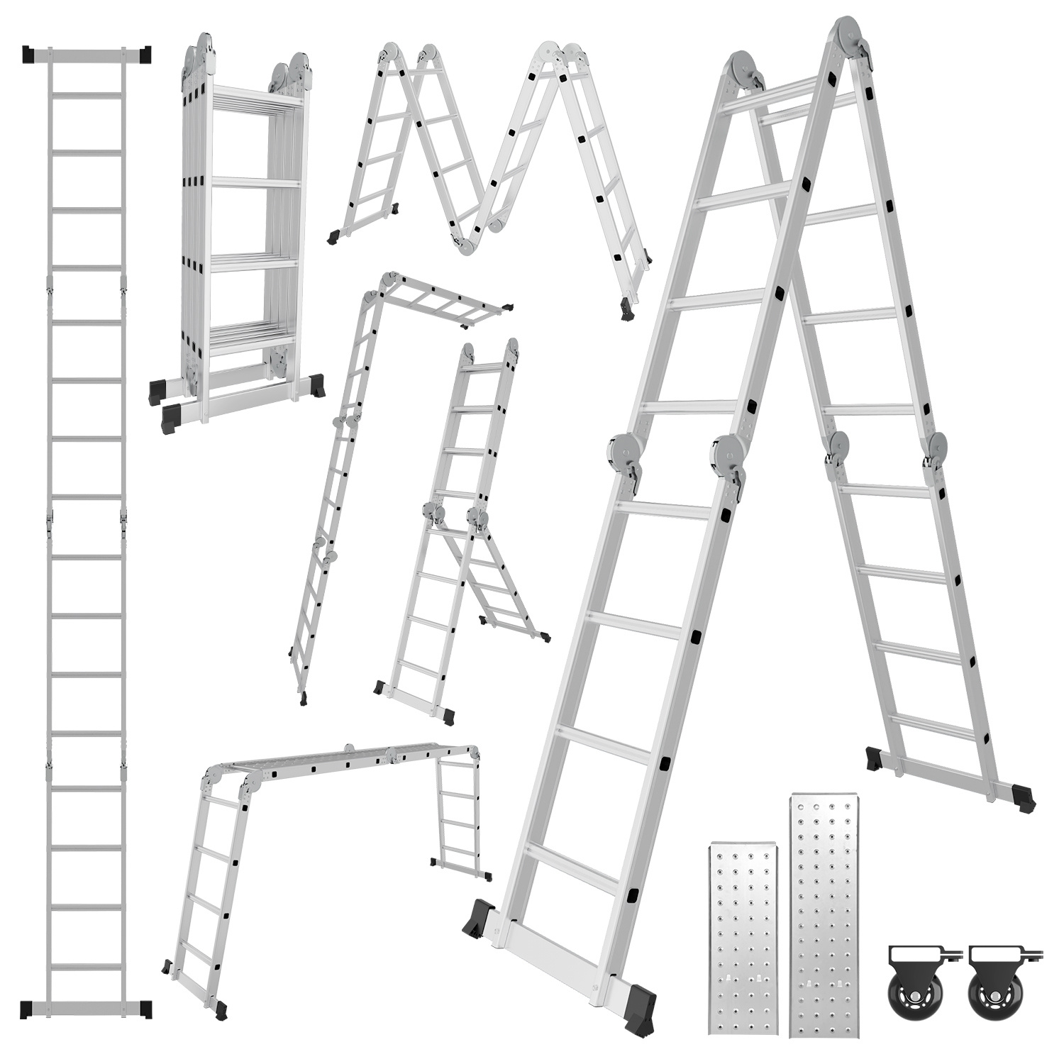 Randaco Aluminium Mehrzweckleiter 7in1 4x4 Stufen, Ca. 470cm / 4.7m, Klappleiter Gelenkleiter Mit Plattformen, Rollen & Anti-rutsch, Max. Belastbarkeit 150 Kg