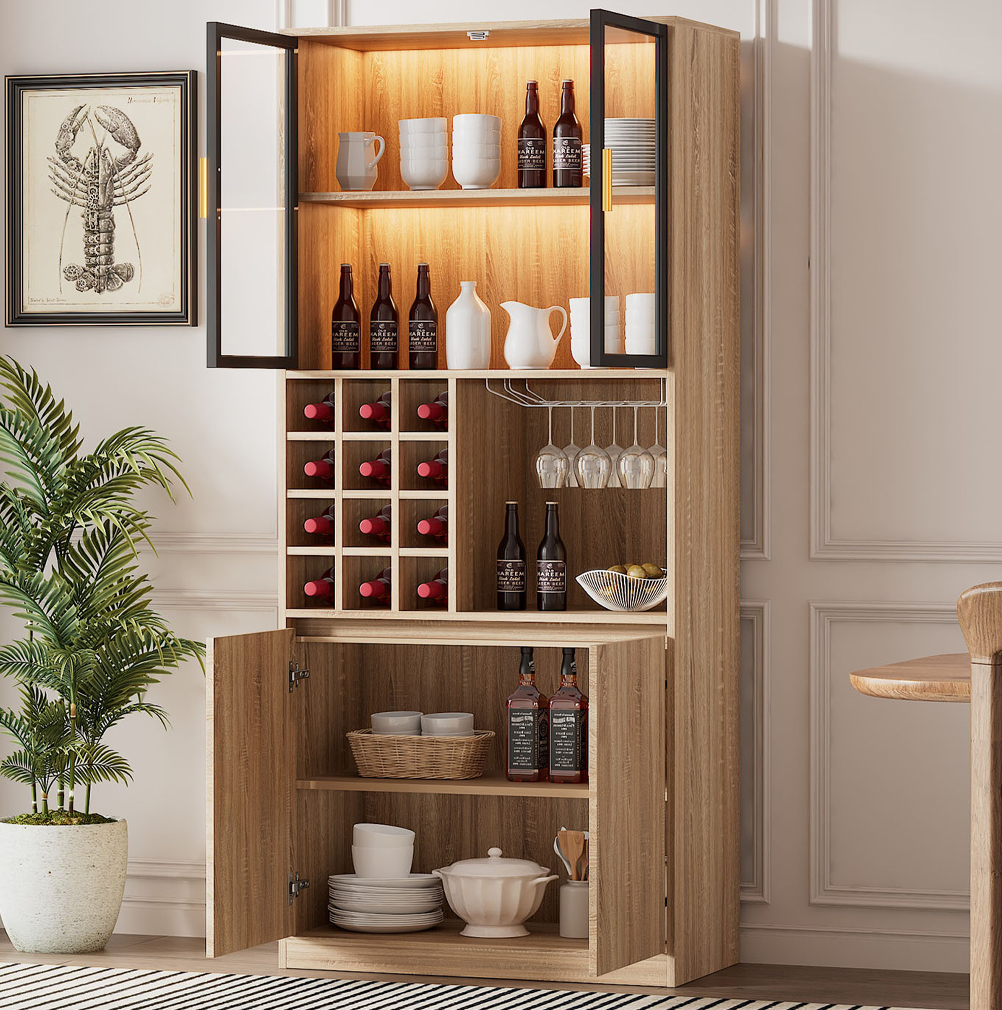 Badezimmerschrank Mit Glastüren Und Led Lichtleiste, Offenes Fach, Weinglashalter, Mdf, Natur