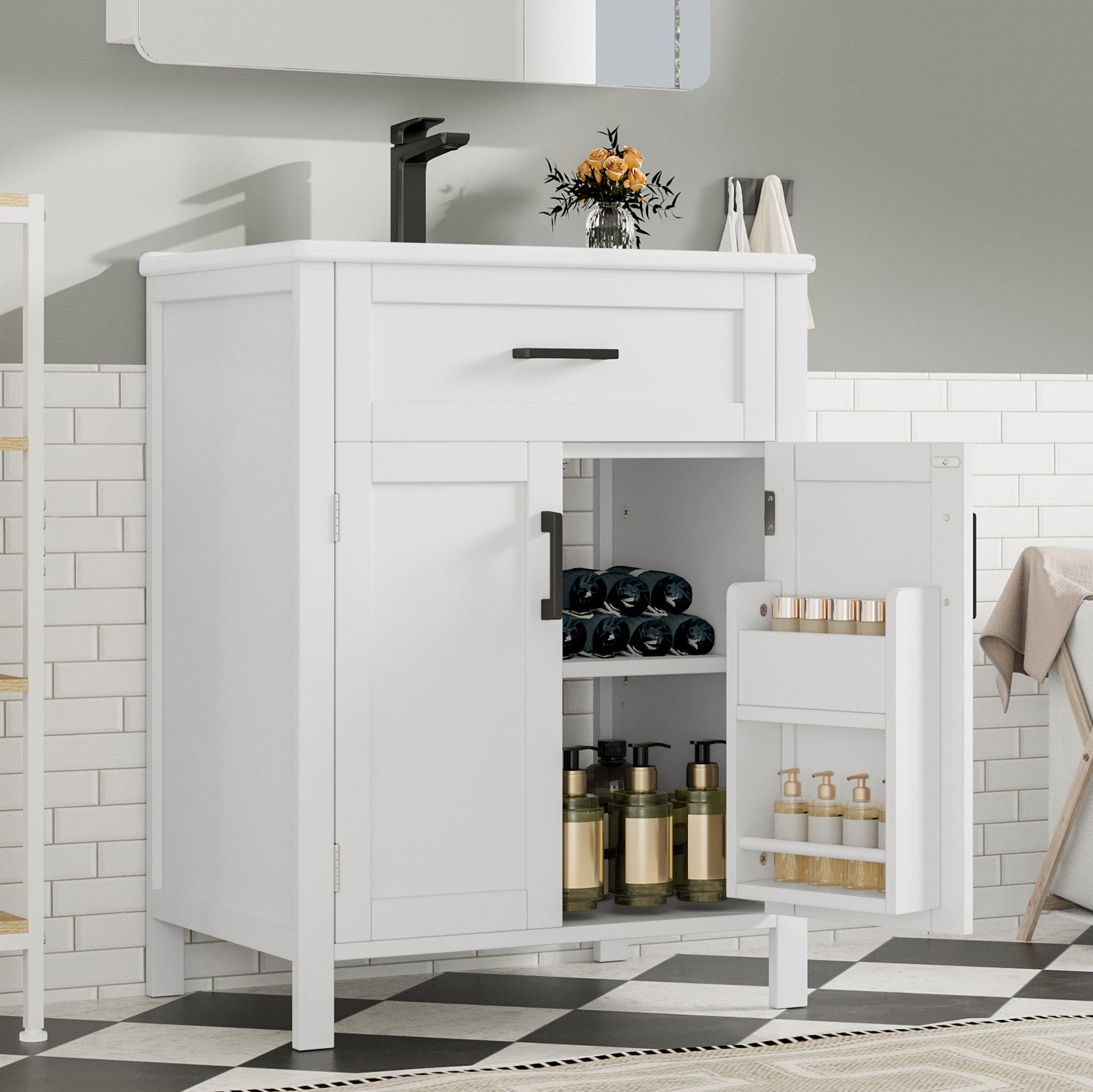 Badezimmerschrank Mit Waschbecken (60x46x84 Cm), Freistehend, Mit Doppeltüren, Schublade, Verstellbarem Regal, Mdf, Weiß
