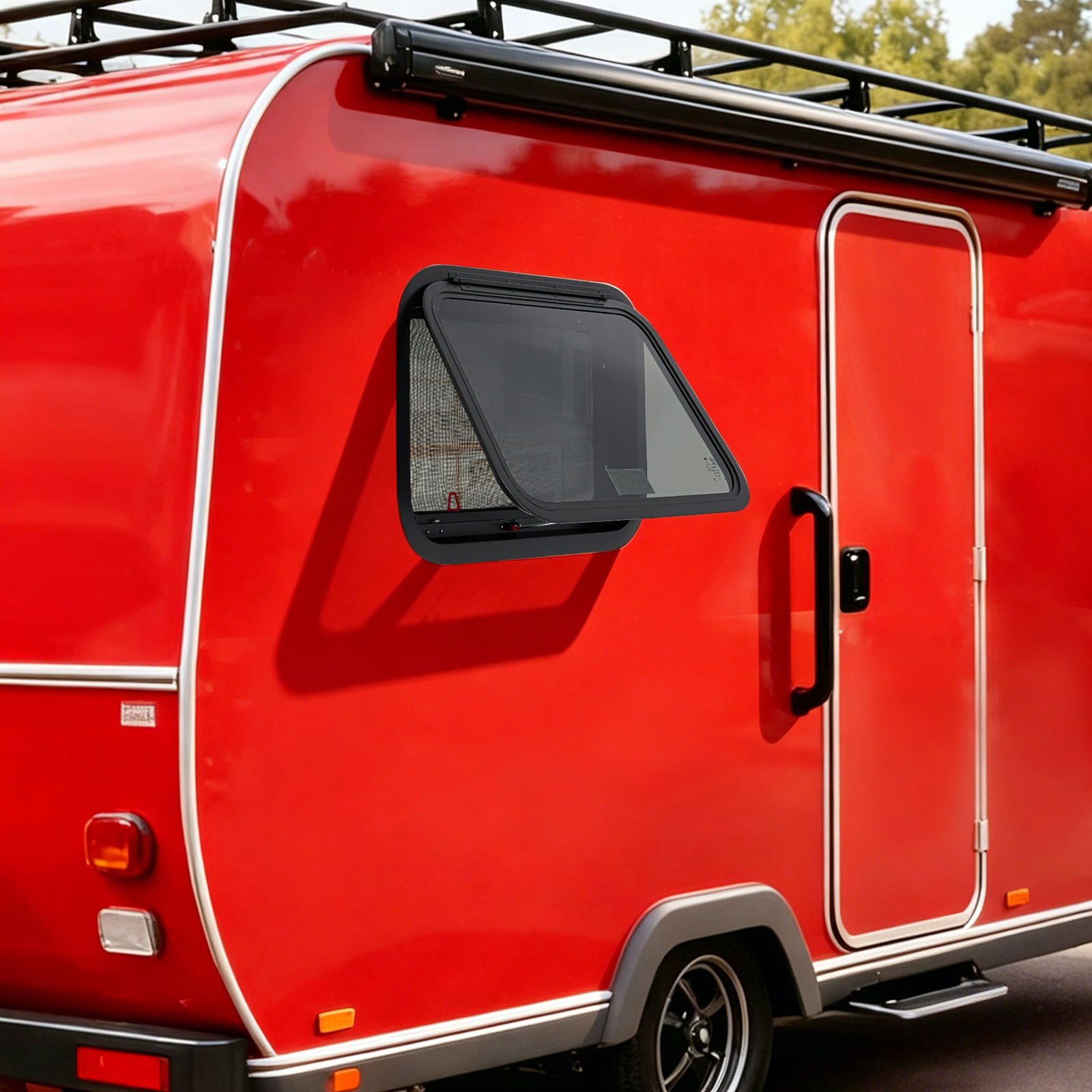 Wohnmobil Fenster 600x400mm, Vertikales Schiebefenster, Aluminium & Sicherheitsglas, Mit Fliegengitter, Schwarz