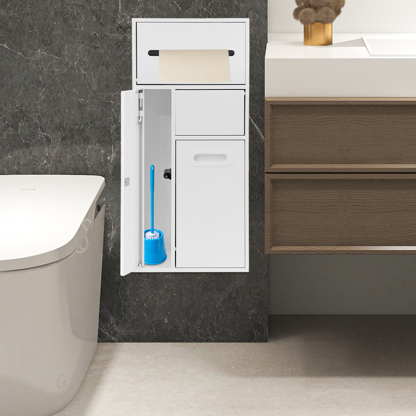 Badezimmer Nische Aus Edelstahl 304, Eingebauter Mülleimer, Toilettenpapierhalter, Wc-bürstenhalter, 3-in-1