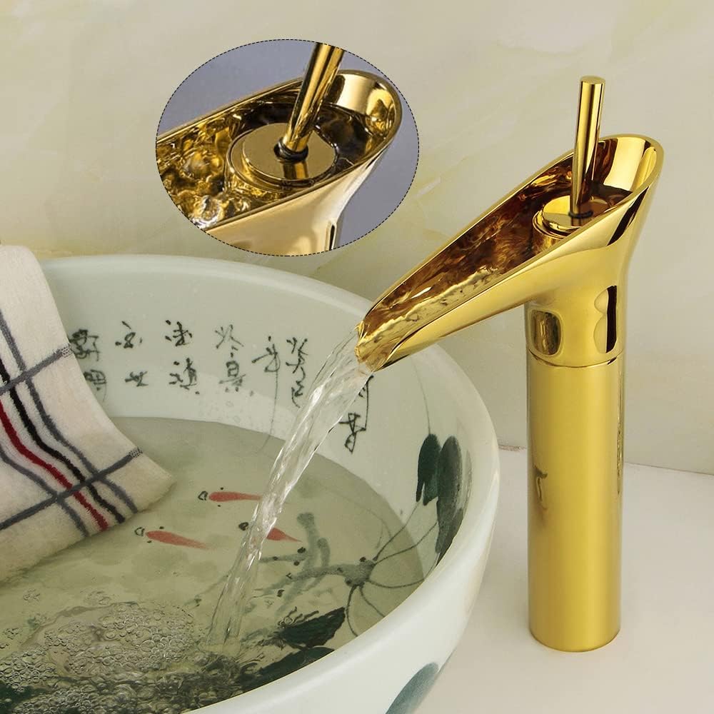 Waschtischarmatur, Goldene Badarmatur Mit Wasserfallauslauf, Waschtischarmatur Mit Montagewerkzeug Und Zubehör, Waschtischarmatur Für Bad Und Küche