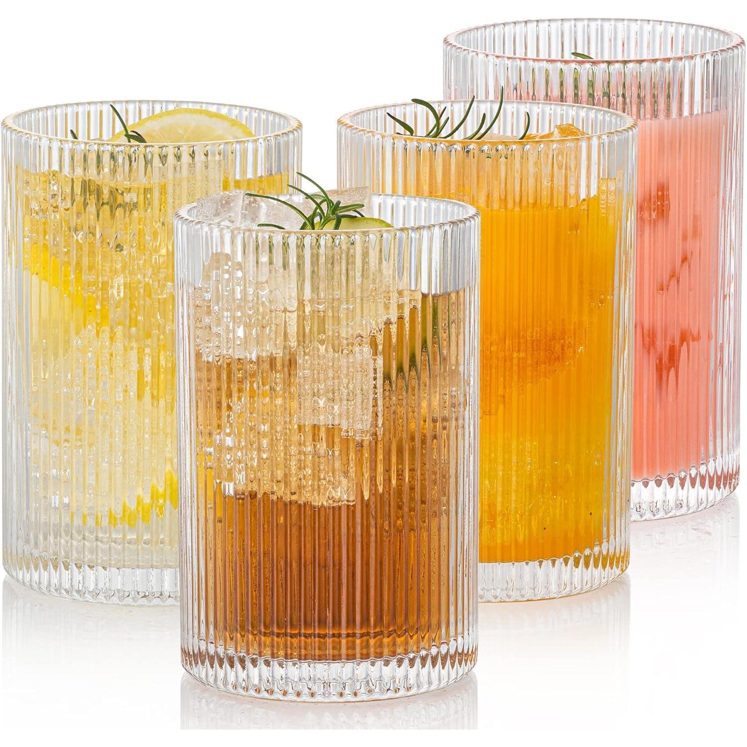 Geriffelte Trinkgläser 4er Set, 500ml Vintage Cocktailgläser, Glasbecher Für Mojito, Bier & Kaffee