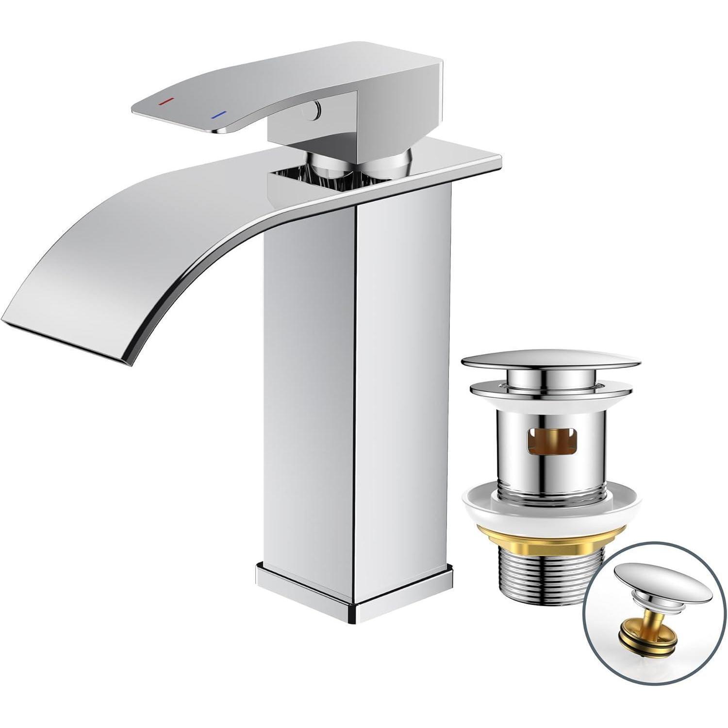 Waschtischarmatur Wasserfall Mit Ablaufgarnitur, Einhandmischer, Chrom, 110mm