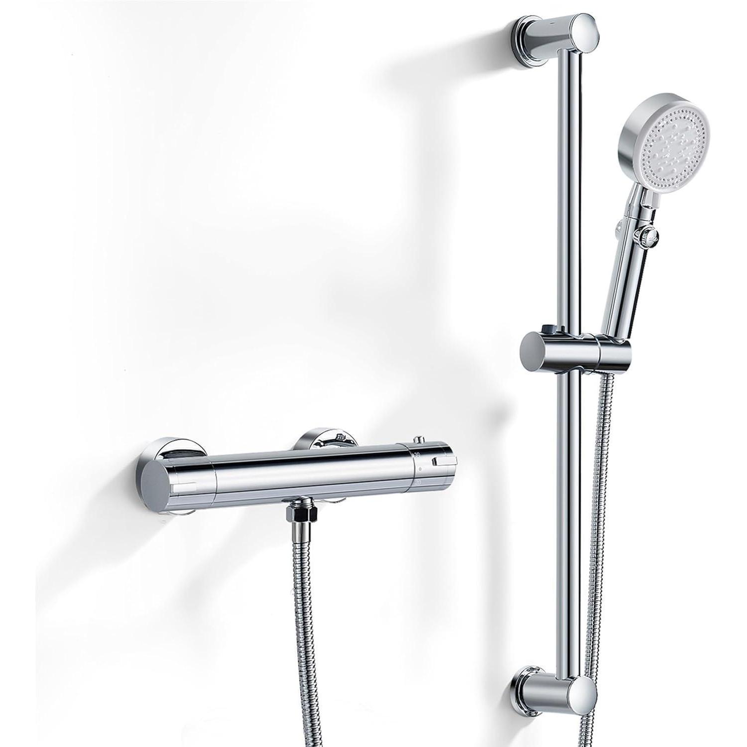 Duscharmatur Mit Thermostat Und 5 Strahlarten Handbrause, Aufputz, Messing, Chrom