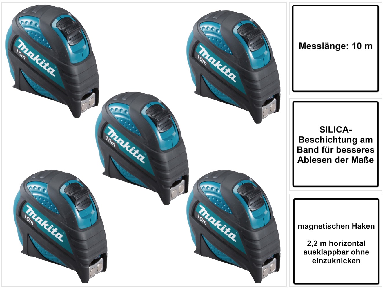 5x B-57168 Maßband 10 M Rollbandmaß Mit Magnetischen Haken - Makita
