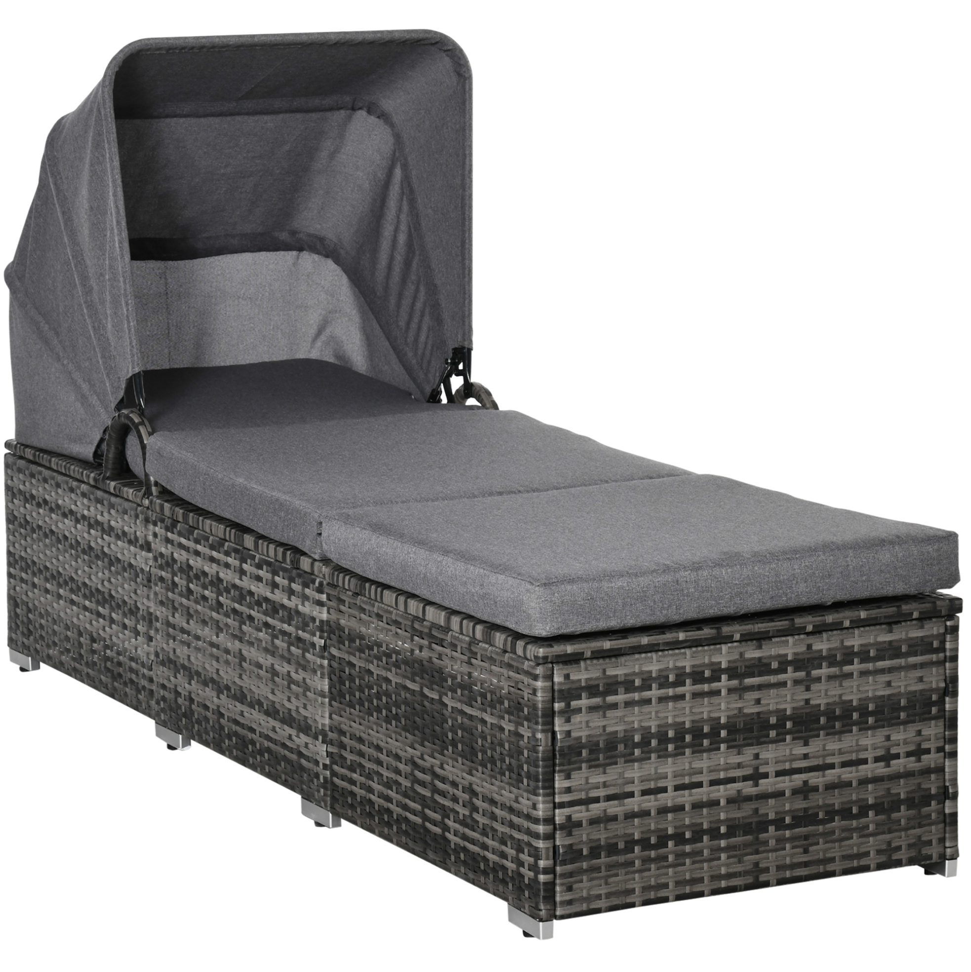 Graue Polyrattan-sonnenliege Mit Sonnendach Und Kissen, 195 X 65 X 40 Cm