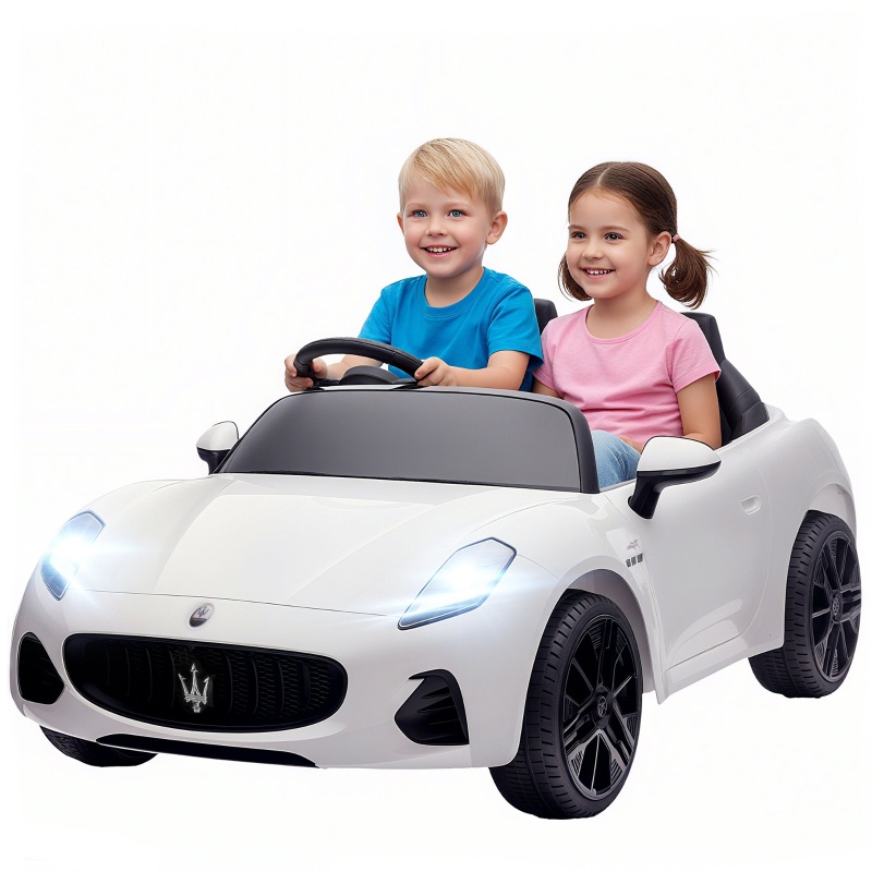 Kinder-elektroauto, 2-sitzer Maserati Mit Elternfernbedienung, 12 V, Kunststoff, Led-scheinwerfer Und Musikfunktion, 120 × 72 × 50 Cm, Weiß