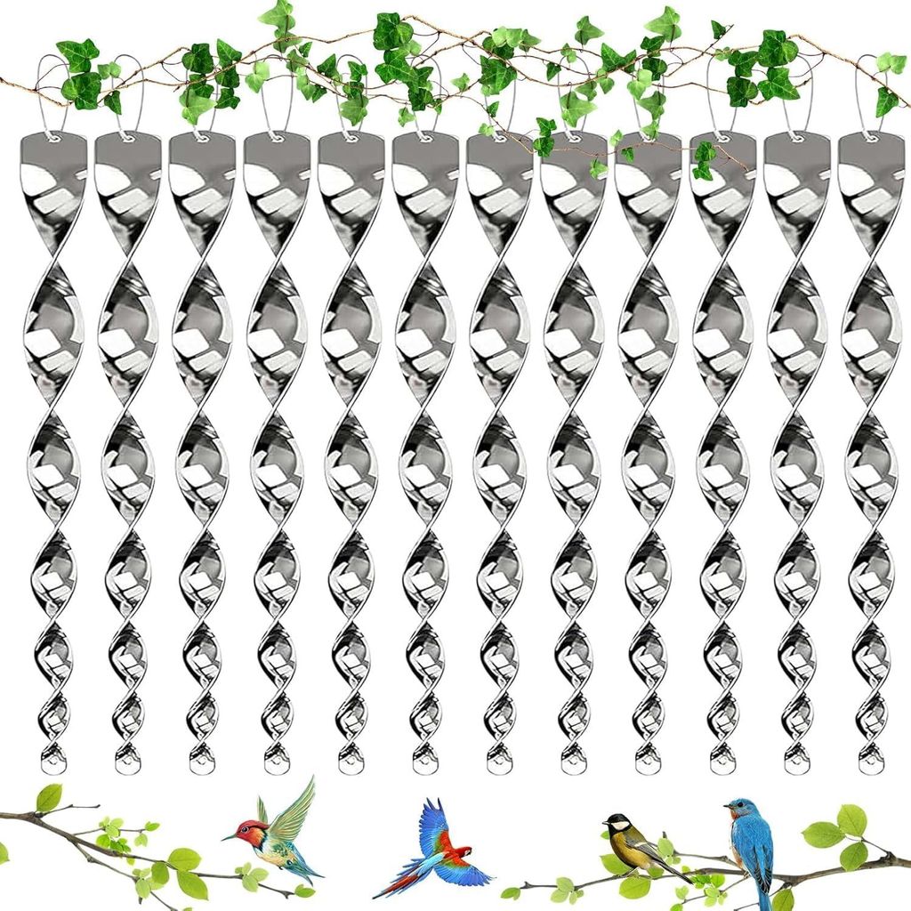 Reflektierendes Spiralförmiges Vogelabwehrset (12-teilig), Dekorative Vogelabwehr Für Balkon Und Garten, 360° Drehbar, Tierfreundlich, Wetterfest, Silberfarben.
