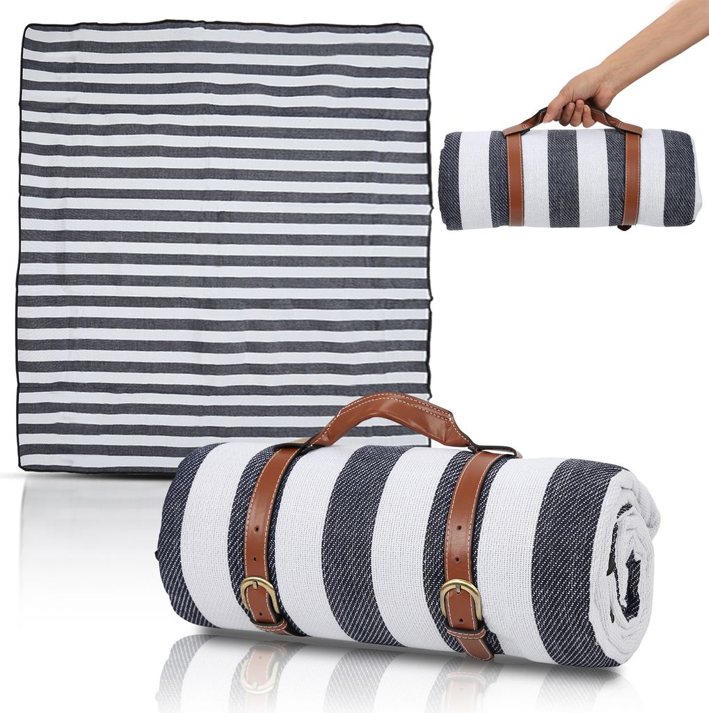 Picknickdecke 200x200cm Wasserdicht & Warm Reisedecke, Stranddecke, Leicht & Kompakt Xxl, Camping-, Outdoor-, Garten-, Ultraleichte Matte, Blau & Weiß Gestreift