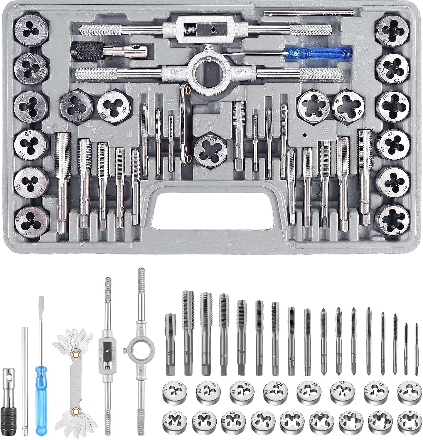 Gewindebohrer- Und Schneideisensatz, 40-teiliges Set Mit Gewindeschneidwerkzeugen Der Größen M3-m12, Inklusive Gewindebohrer- Und Schraubenschlüsselzubehör.