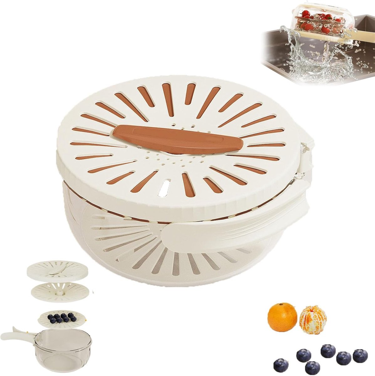 Abtropfkorb, Obstwaschkorb, Multifunktionsgestell, Beckenlöcher, Griffe, Kühlschrankaufbewahrungsbox, Braun