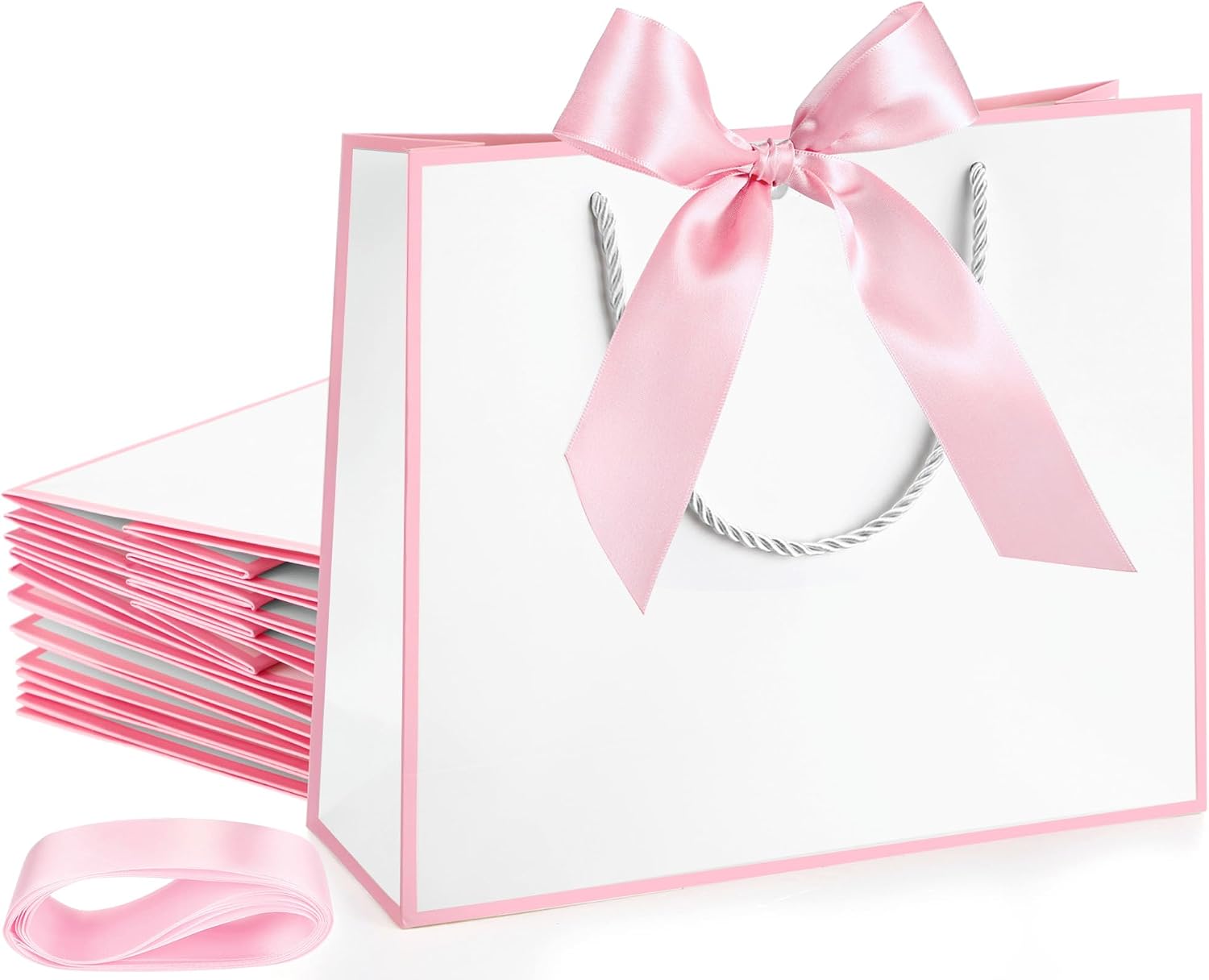 12-teiliges Geschenktüten-set Mit Henkeln Und Schleifen, Perfekt Für Einweihungspartys Und Hawaii-partys (weiß, Rosa)