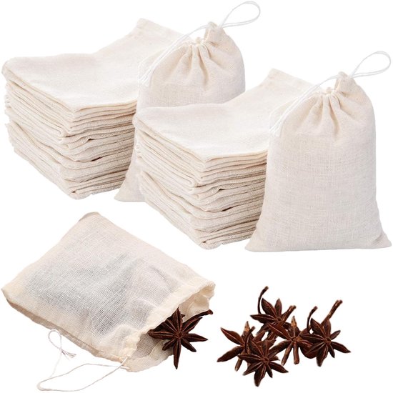 Baumwollbeutel – Wiederverwendbare Teebeutel – 50 Stück Pro Packung – Beige – Beutel Mit Kordelzug – Geeignet Für Gewürze, Tee Und Kaffee