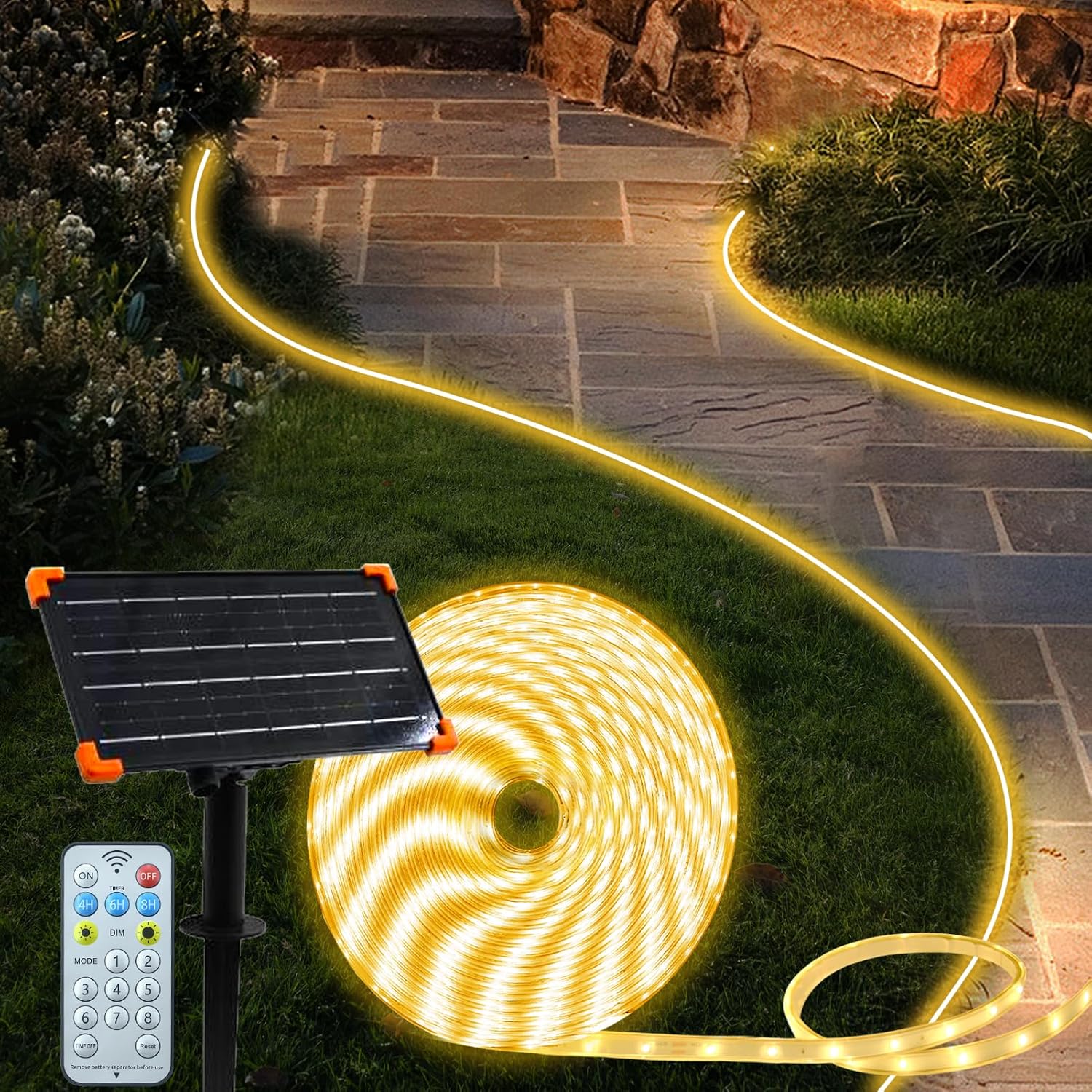 22 M (72 Fuß) Langer Led-solarstreifen Für Den Außenbereich – 1200 Leds – Ip68 Wasserdicht – Acrylband – Warmweiß – Mit Fernbedienung – Selbstbedienung – 22 M