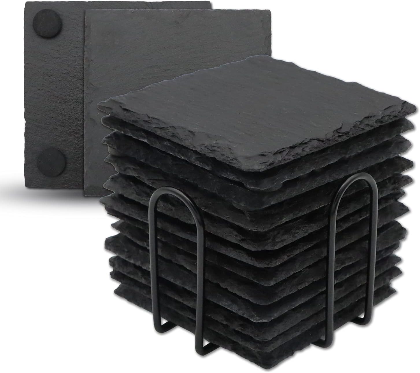 12 Quadratische Schieferuntersetzer – 10 Cm (4 Zoll) Großer, Schwarzer Naturstein – Mit Metallhalterung – Lasergravierbar – Kratzfeste Unterseite – Für Bar, Küche Und Zuhause