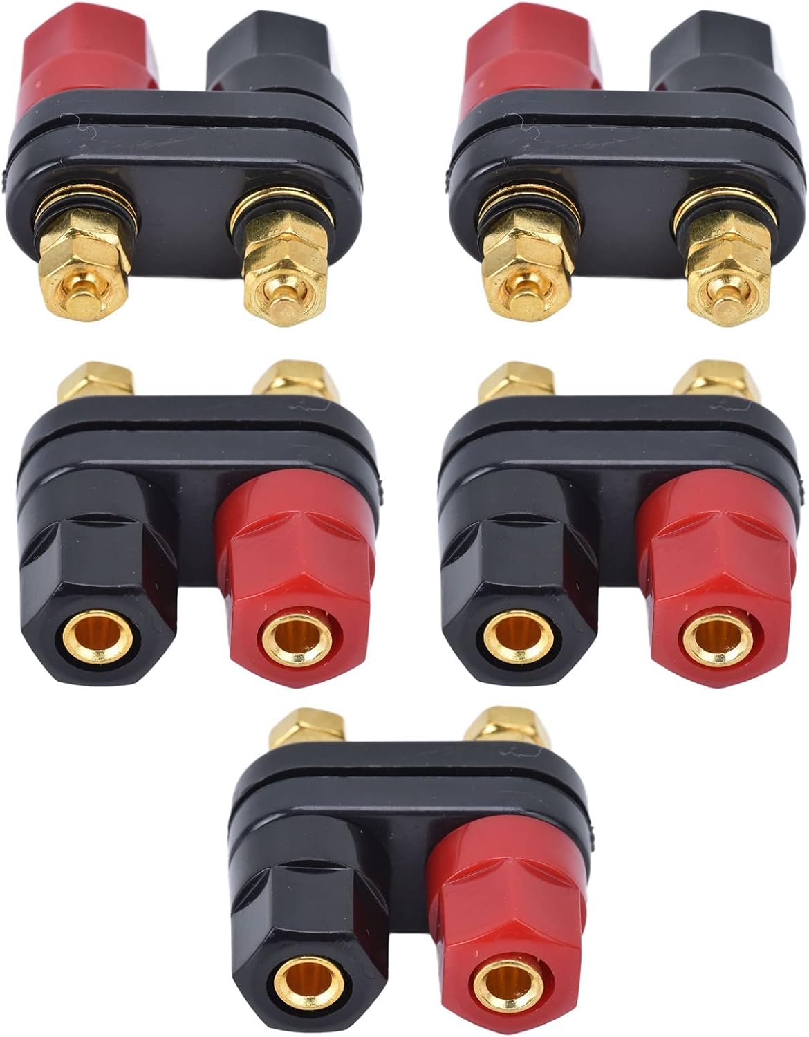 5-teiliges Verstärker-anschlussset, Anschlüsse, Bidirektionale Bananenstecker, Schwarz-rotes Farbschema.