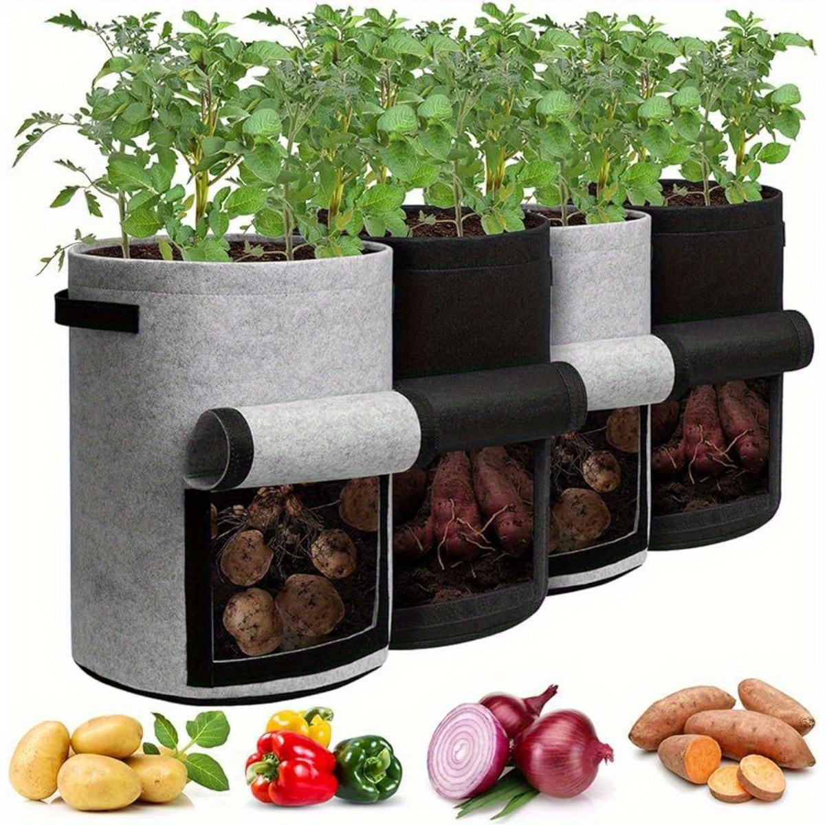 Kartoffelpflanzbeutel Mit Sichtfenster – 10 Gallonen – 4er-set – Filzvlies – Mit Tragegriffen – 45 X 35 Cm – Schwarz Und Grau – Mit Klappe